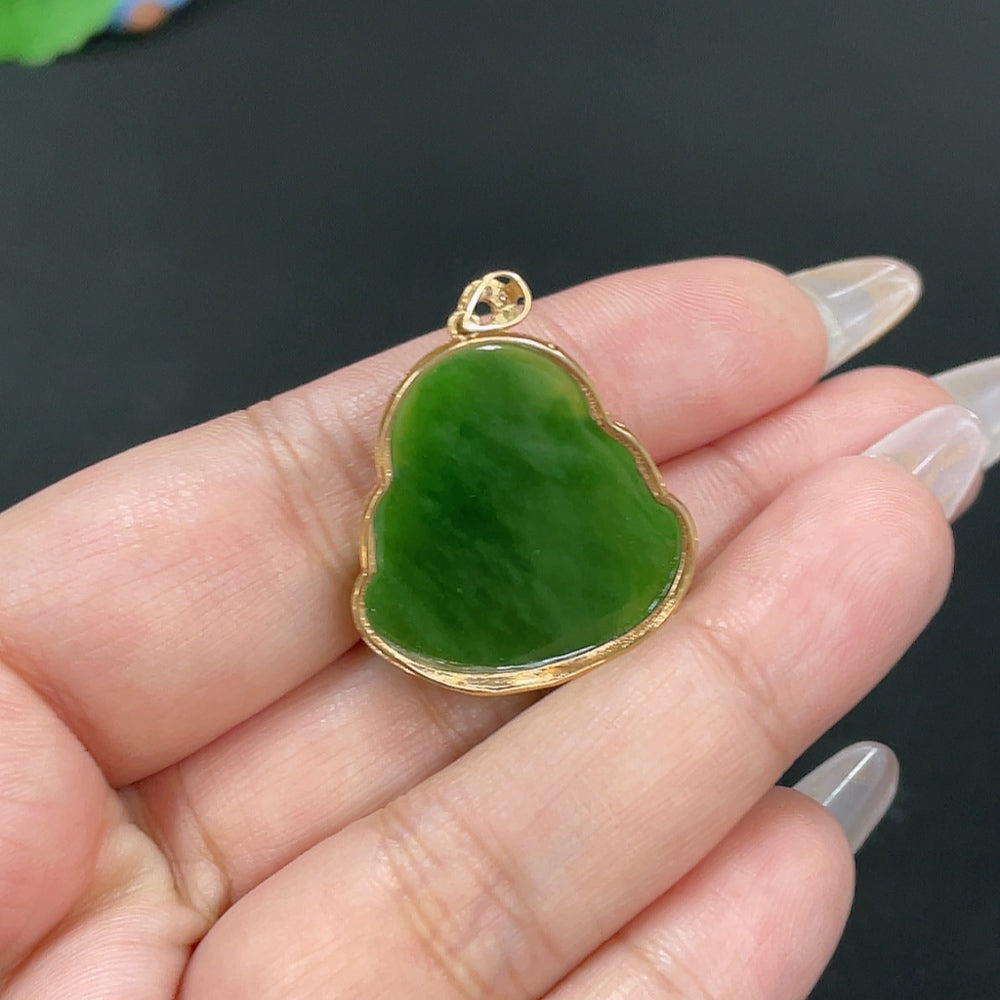 Hetian Jade Inlaid Pendant - Buddha, Total Weight Approx. 5.4g, 18K Gold with Diamond Accents