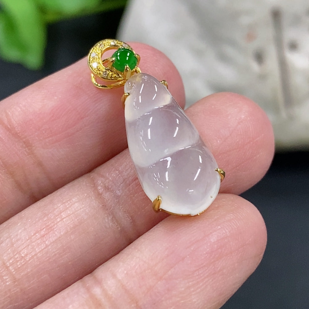 Jadeite Blessed Bean Pendant, 18K Gold Setting with Diamond Accents