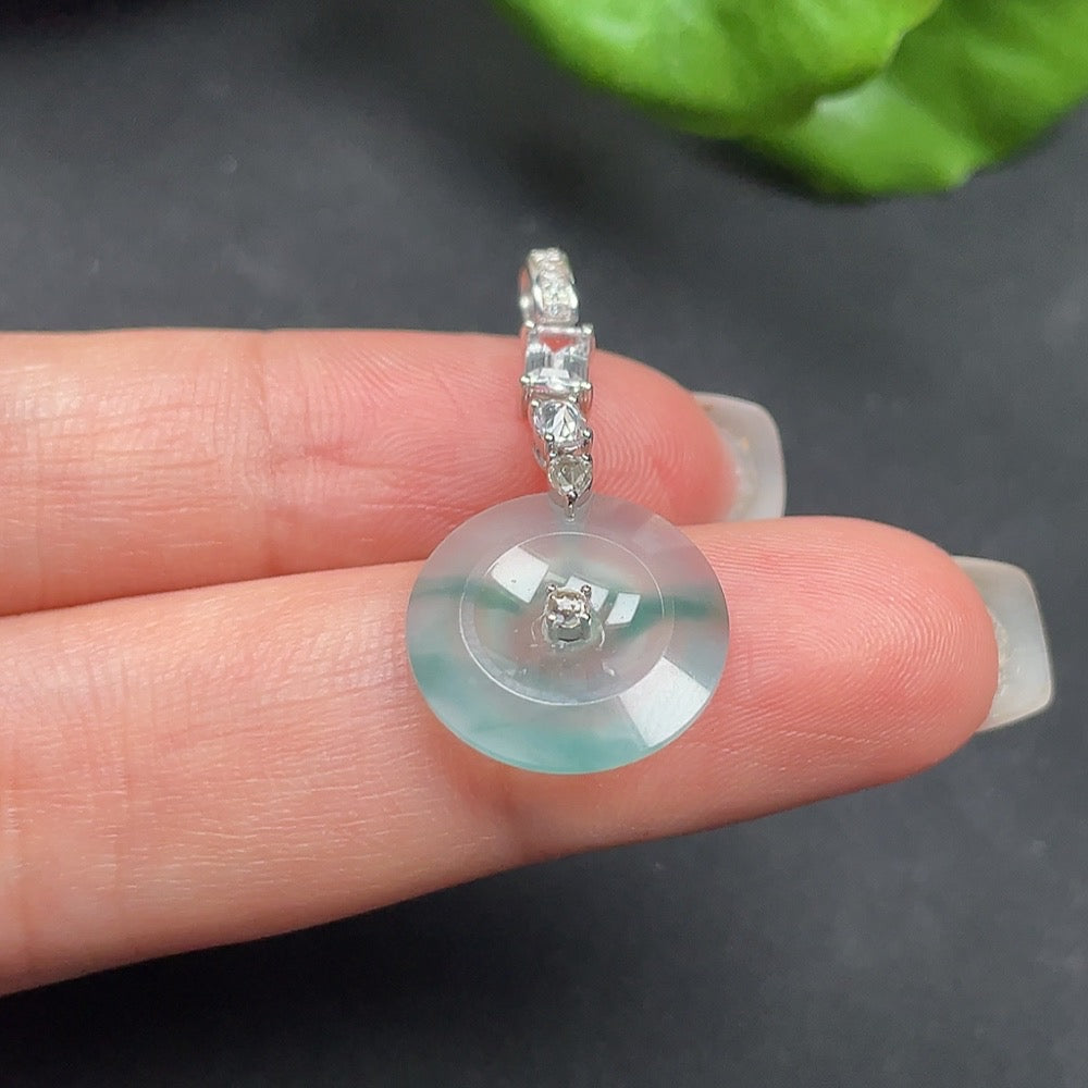 Jadeite inlaid pendant with diamonds (the top clasp is set with real diamonds, the rest large stones are non-diamond) 18k