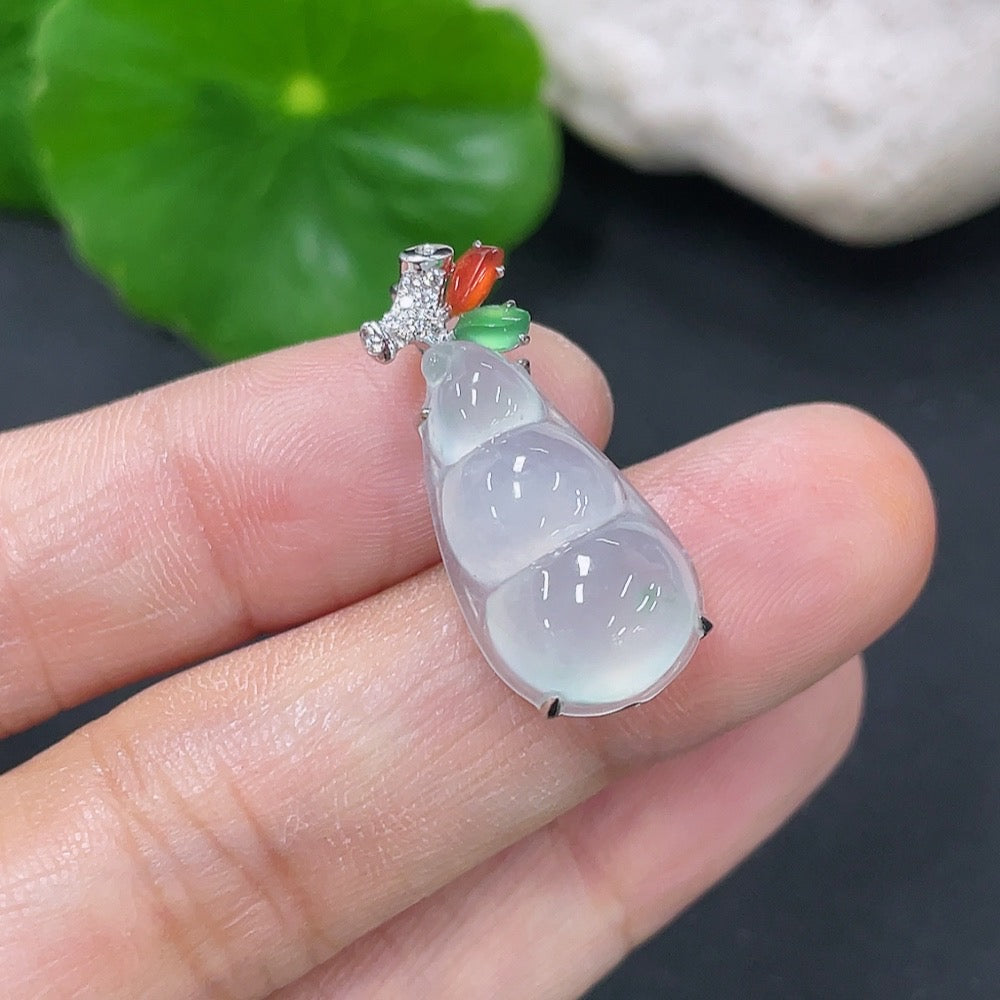 Jadeite inlaid lucky bean pendant, 18k gold with diamond accents, yellow bead color origin undetermined