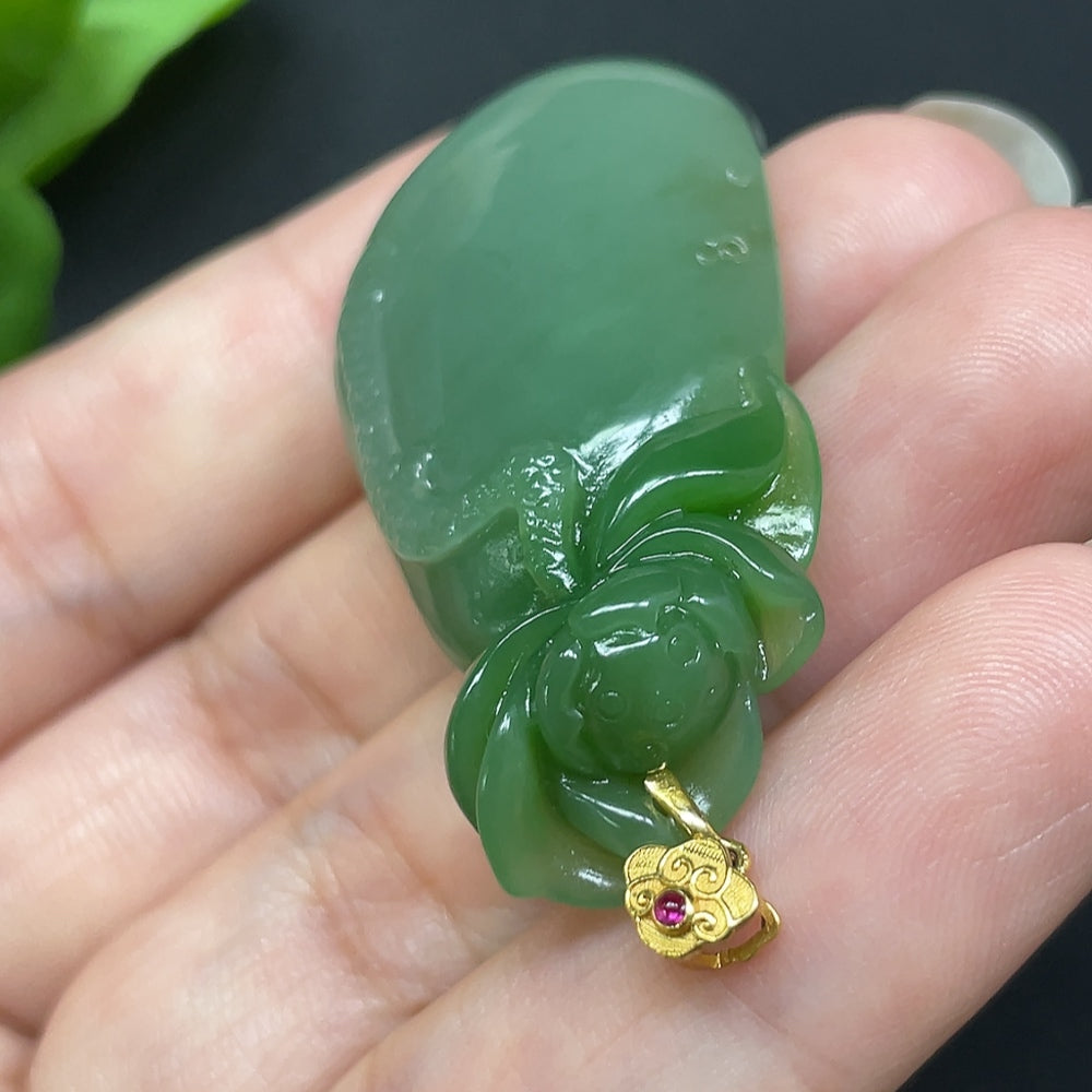 Hetian Jade Flower and Prosperity Pendant 18k Gold Total Weight Approx. 15.9g