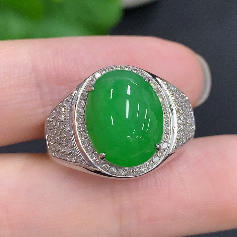 Jadeite Cabochon Ring 18k Gold Total Weight Approx. 6.7g Adjustable Size with Diamond Accents