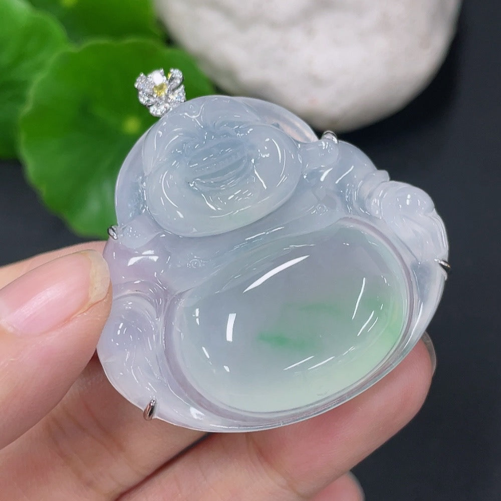 Jadeite Inlaid Buddha Pendant with 18k Clasp and Non-Gold Accents, Set with Colorless Diamonds, Total Weight Approximately 20g