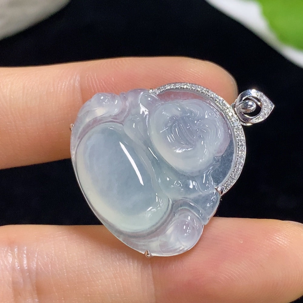 Jadeite Pendant Buddha with 18K Gold and Diamond Accents, Total Weight Approximately 5.4g