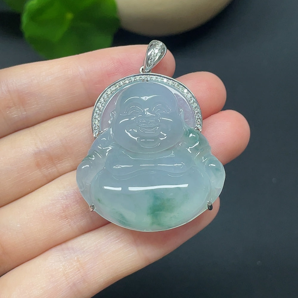 Jadeite Buddha Pendant Set in 18k Gold with Diamond Accents