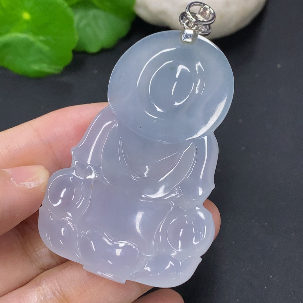 Jadeite Guanyin pendant with 18K gold clasp and diamond accents, featuring intricate carvings on a necklace.