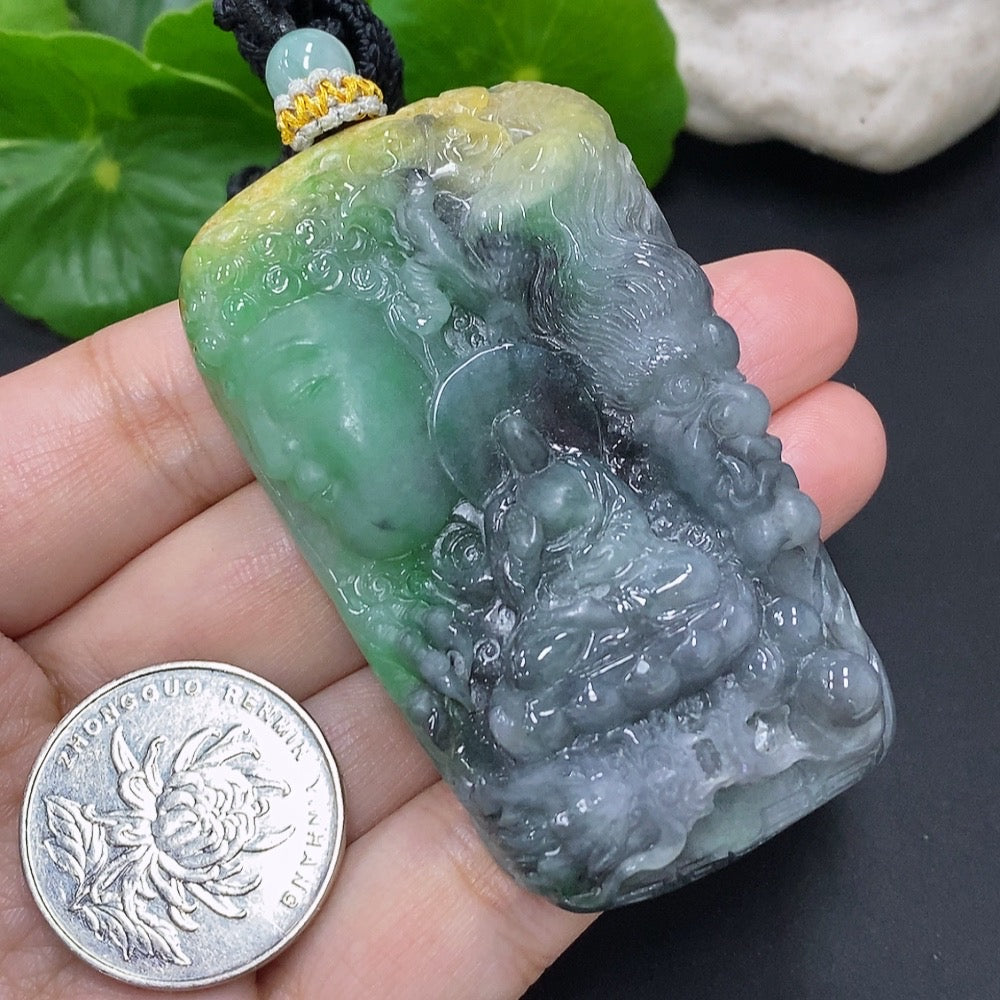Jadeite pendant of Momentary Thought with rope, handcrafted jade jewelry by HKHQ, weighing approximately 70.8g.