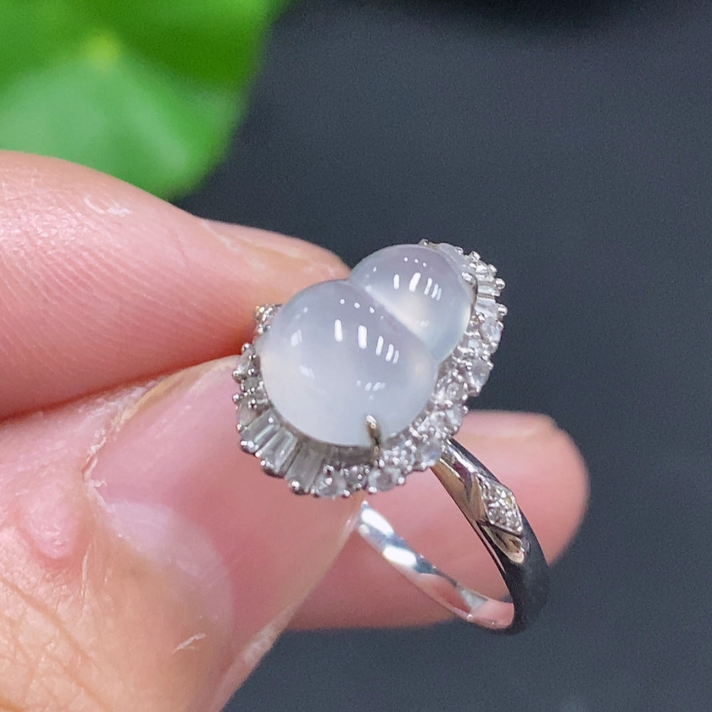 Jadeite Gourd Inlaid Ring 18K Gold Size 14 Total Weight Approx. 2.2g (With Diamond Accents)