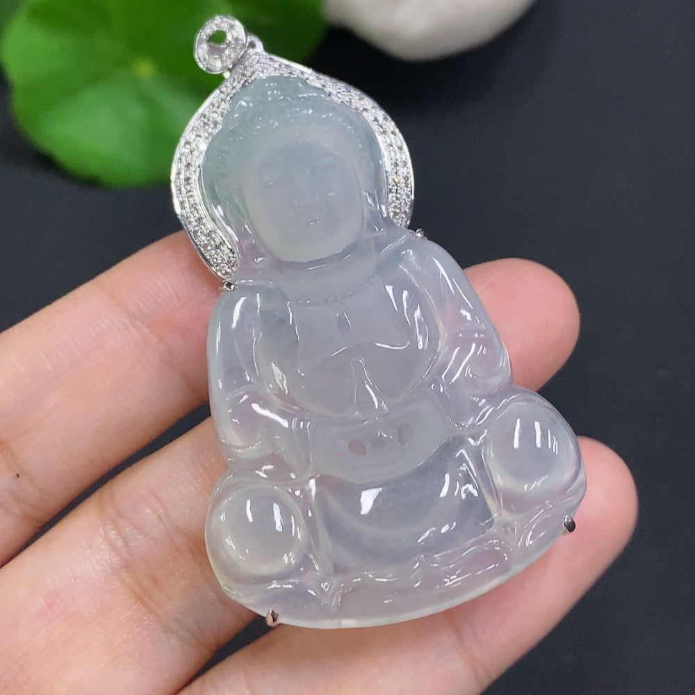 Jadeite Guanyin Inlaid Pendant 18K Gold Total Weight Approx.13.9g (Diamond Accents)