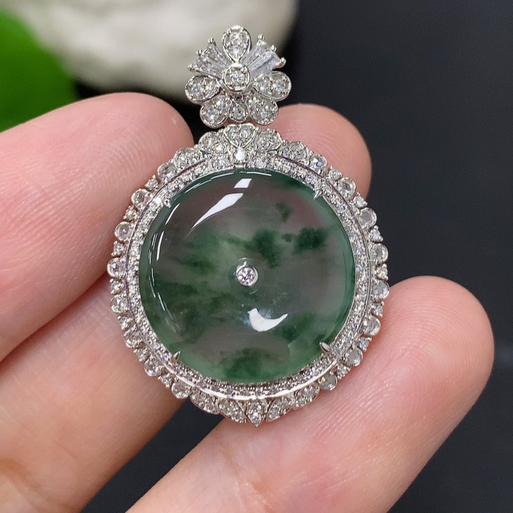 Jadeite Inlaid Peace Pendant with 18k Gold and Diamond Accents