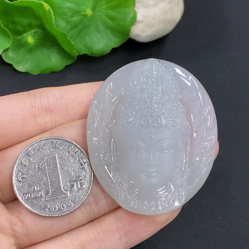 Jadeite Guanyin pendant necklace with intricate carved design, weighing approximately 38g, crafted by HKHQ.
