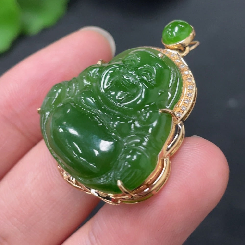 Hetian jade Buddha pendant with 18K gold and diamond accents, featuring intricate craftsmanship and a polished finish.