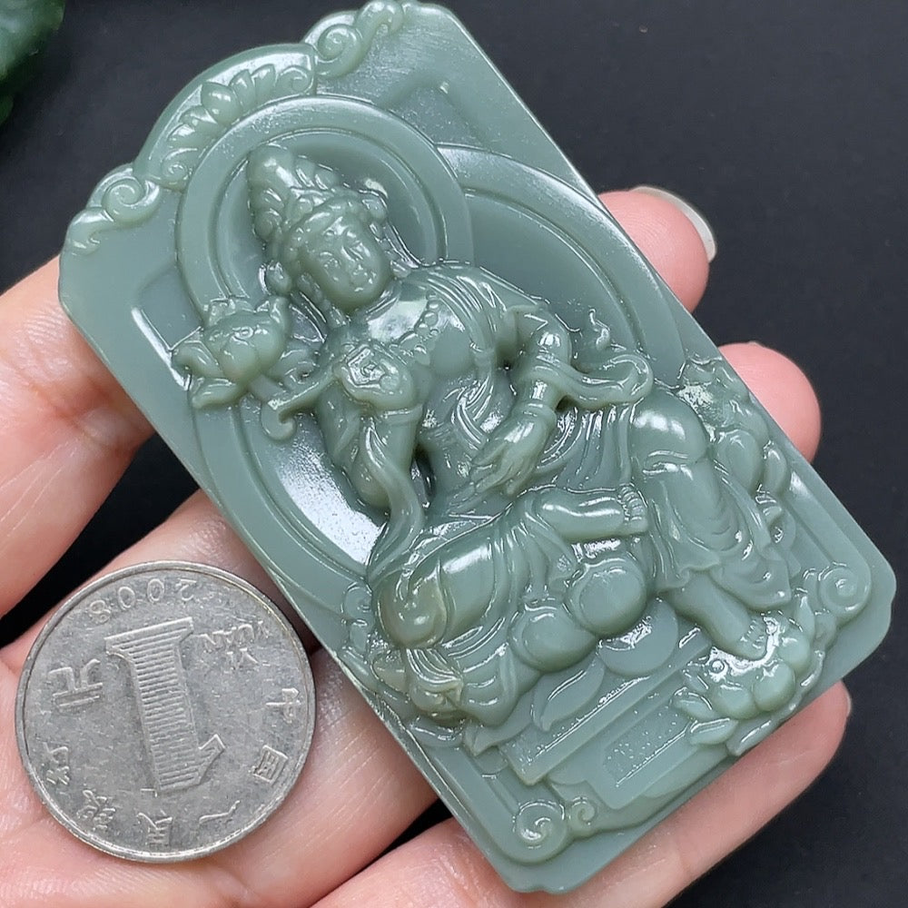Hetian Jade Jasper Guanyin pendant from HKHQ, detailed carved figure, smooth polished surface, weighs approximately 79.6 grams.