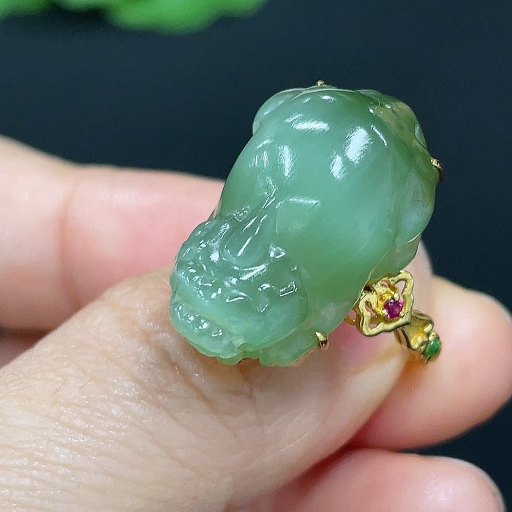 Hetian jade inlaid ring with 18k gold, size 15, HKHQ, showcasing a polished jade gemstone in a detailed gold setting.