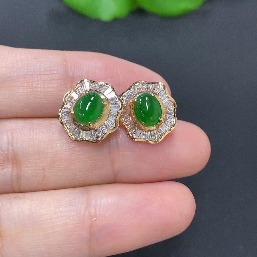 Jadeite Cabochon Stud Earrings 18K Gold (Accented with Diamonds)