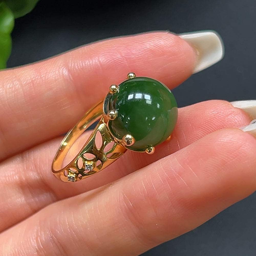 Hetian Jade Round Bead Ring with 18K Gold and Diamond Accents