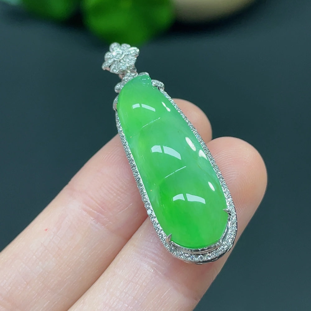 Jadeite Bean Pendant with 18K Gold and Diamond Accents