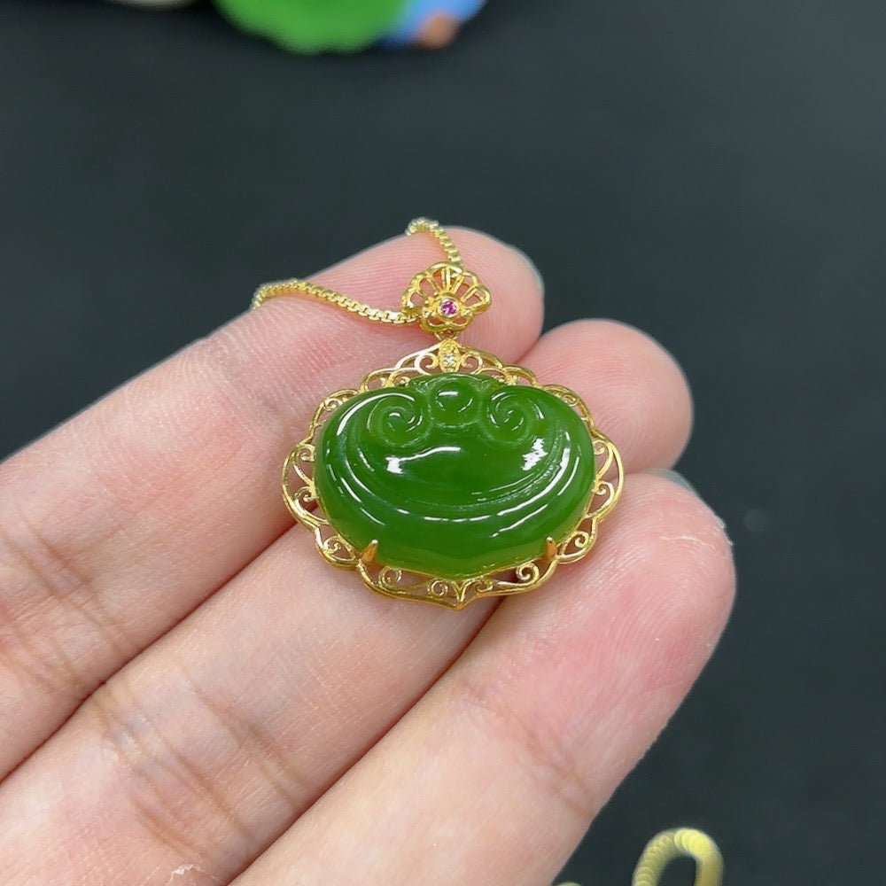Hetian Jade Jasper Ruyi pendant necklace by HKHQ featuring an inlaid jade and jasper design on a delicate chain.
