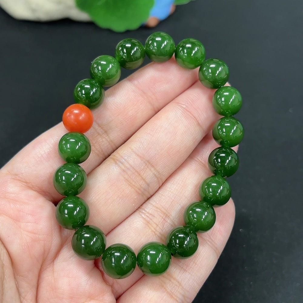 Green Hetian Jade Bracelet, with Southern Red Agate
