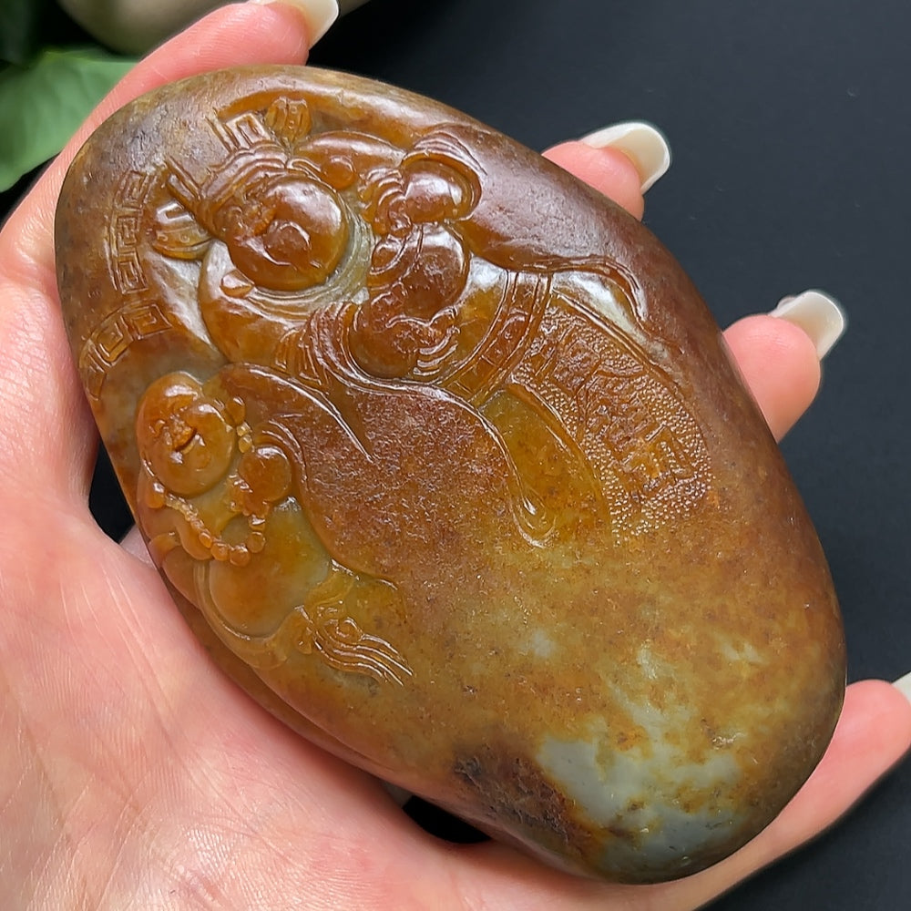 Hetian Jade Double Blessings Handheld Piece, color origin undetermined, contains other mineral components