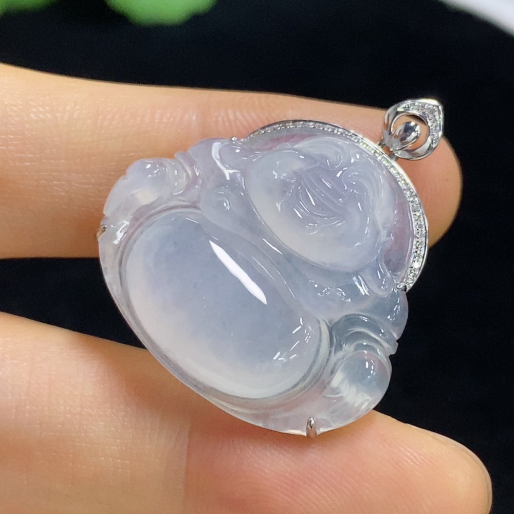 Jadeite Pendant Buddha with 18k Bezel and Diamond Accents, Total Weight Approx. 6.09g