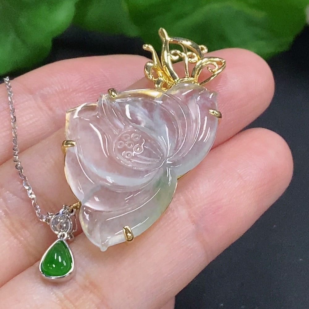 Jadeite Lotus Inlay Pendant 18k Gold Total Weight Approx. 6.6g (Including Chain)