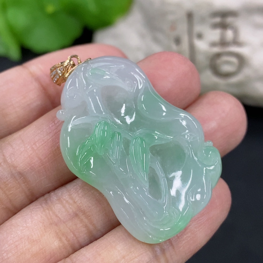 Jadeite Ascending Node Pendant, Total Weight Approx. 12.88g, 18K Gold Clasp, Diamond Accents