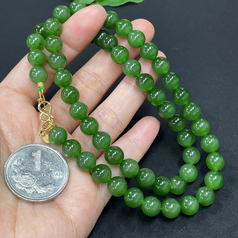 Hetian Jade Beaded Necklace, approx. 7.8mm, 18K Gold, total weight approx. 45.7g