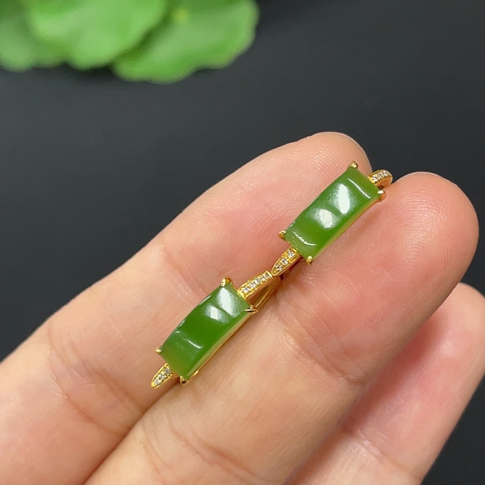 Hetian Jade Jasper Inlaid Earrings, 18K Gold, Accented with Diamonds