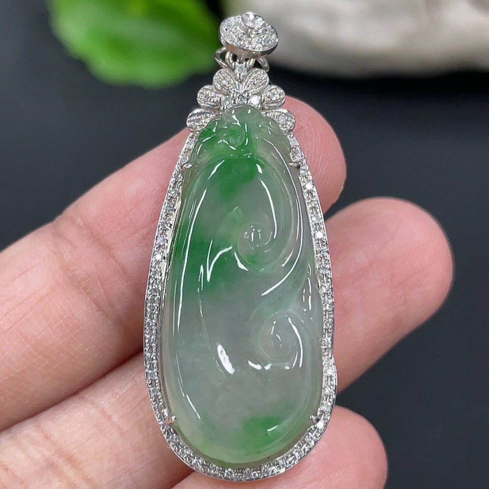 Jadeite Ruyi Inlaid Pendant 18K Gold (With Diamond Accents)