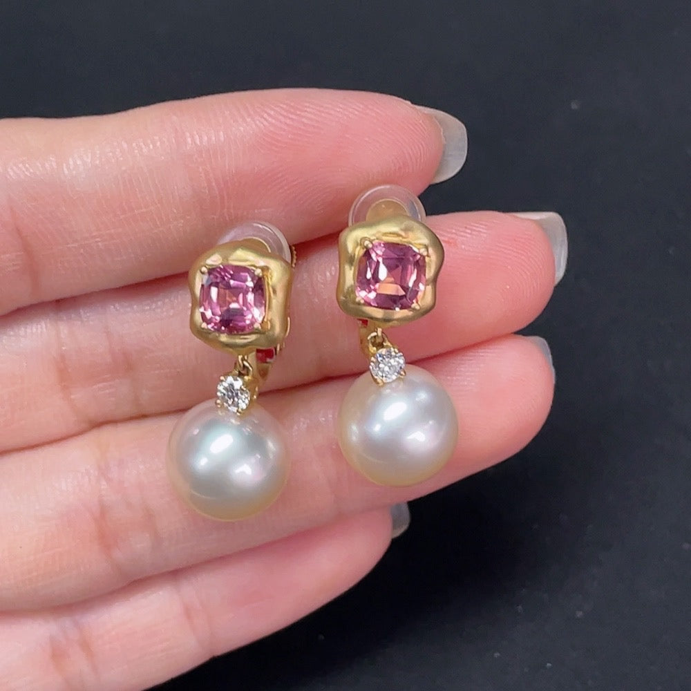 Saltwater Pearl Earrings with Diamond and Tourmaline Accents