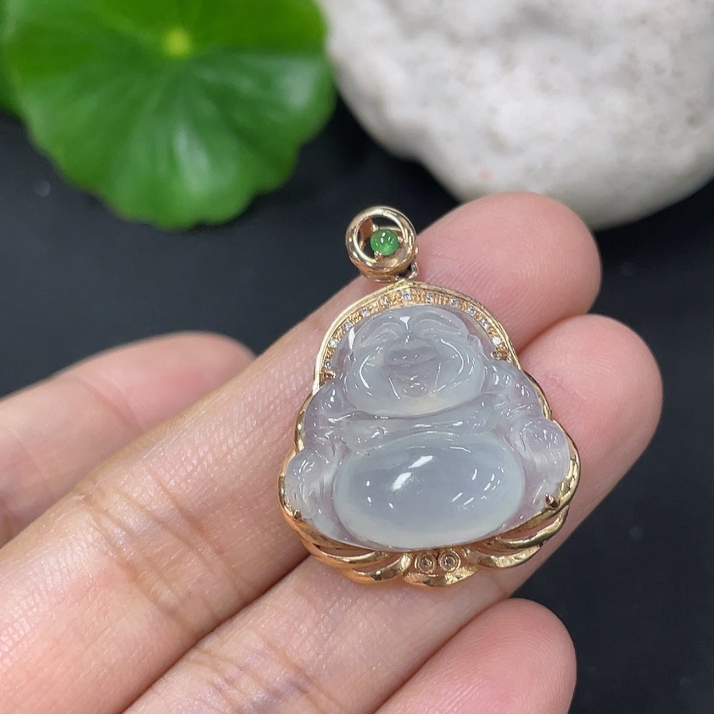 Jadeite Inlaid Buddha Pendant with 18k Gold and Diamond Accents, Total Weight Approximately 374g