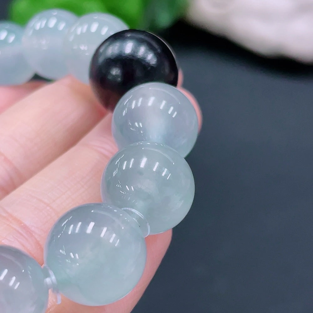 JadeiteBracelet, Approx. 12.8mm Beads, Total Weight ~54.37g, Black Beads with Wood [Total Value: $10,283 USD]