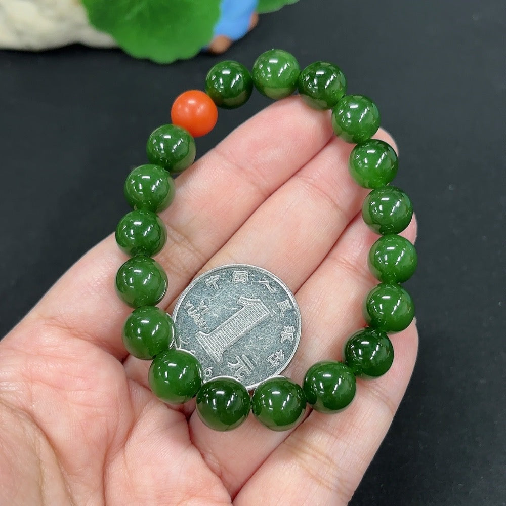 Green Hetian Jade Bracelet, with Southern Red Agate