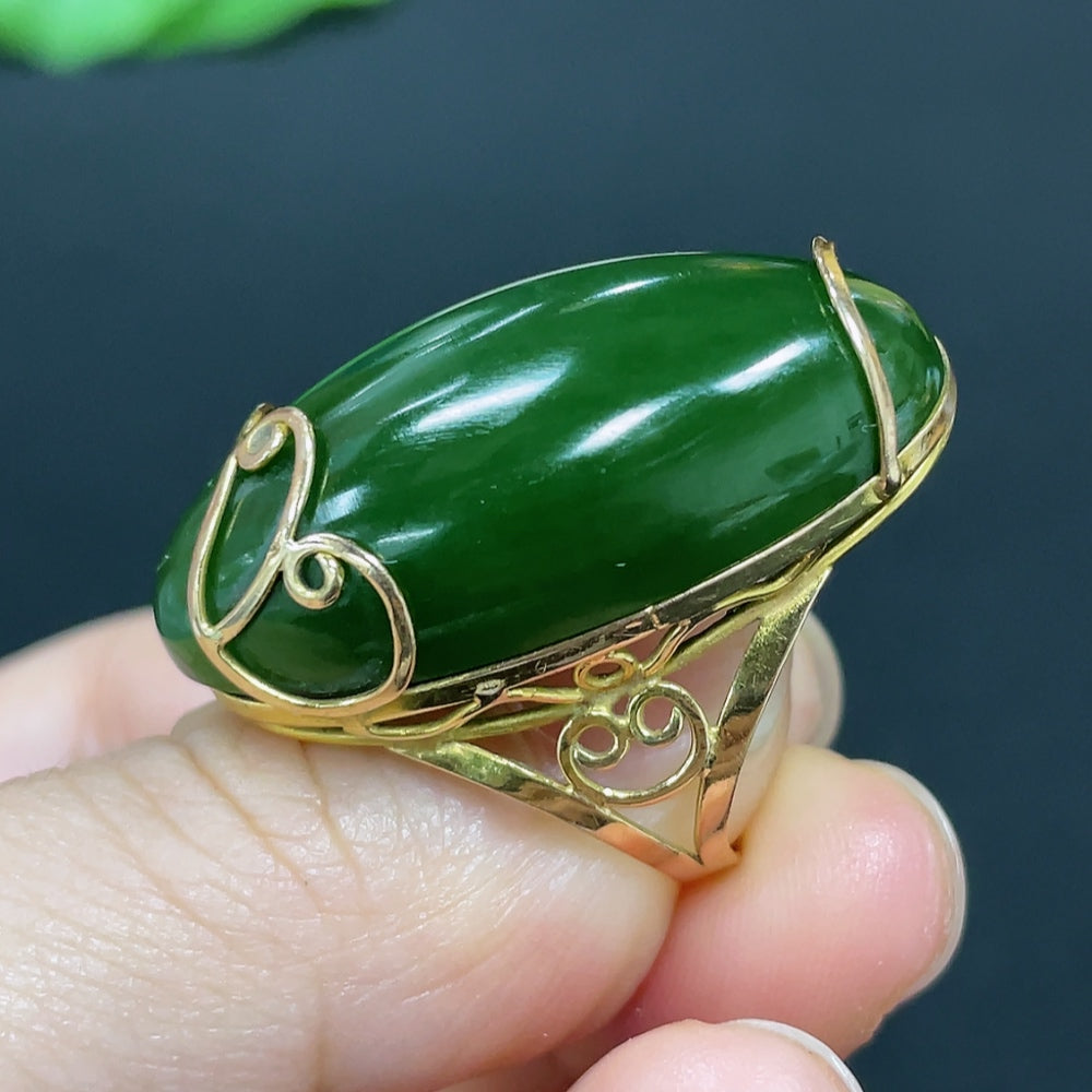 Hetian Jade Cabochon Ring with Tested 75% Gold Setting