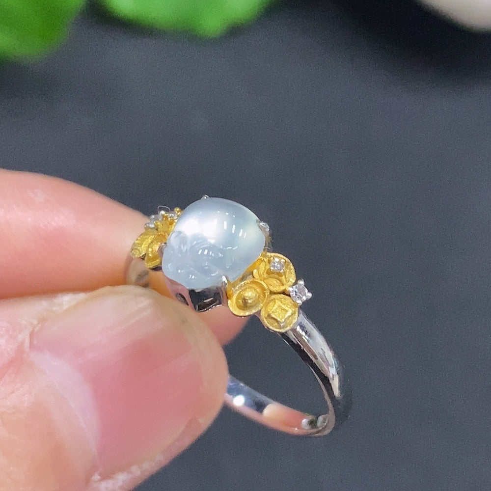 Jadeite Ring with 18K Gold Size 13 Total Weight Approx. 1.9g (Accented with Diamonds)