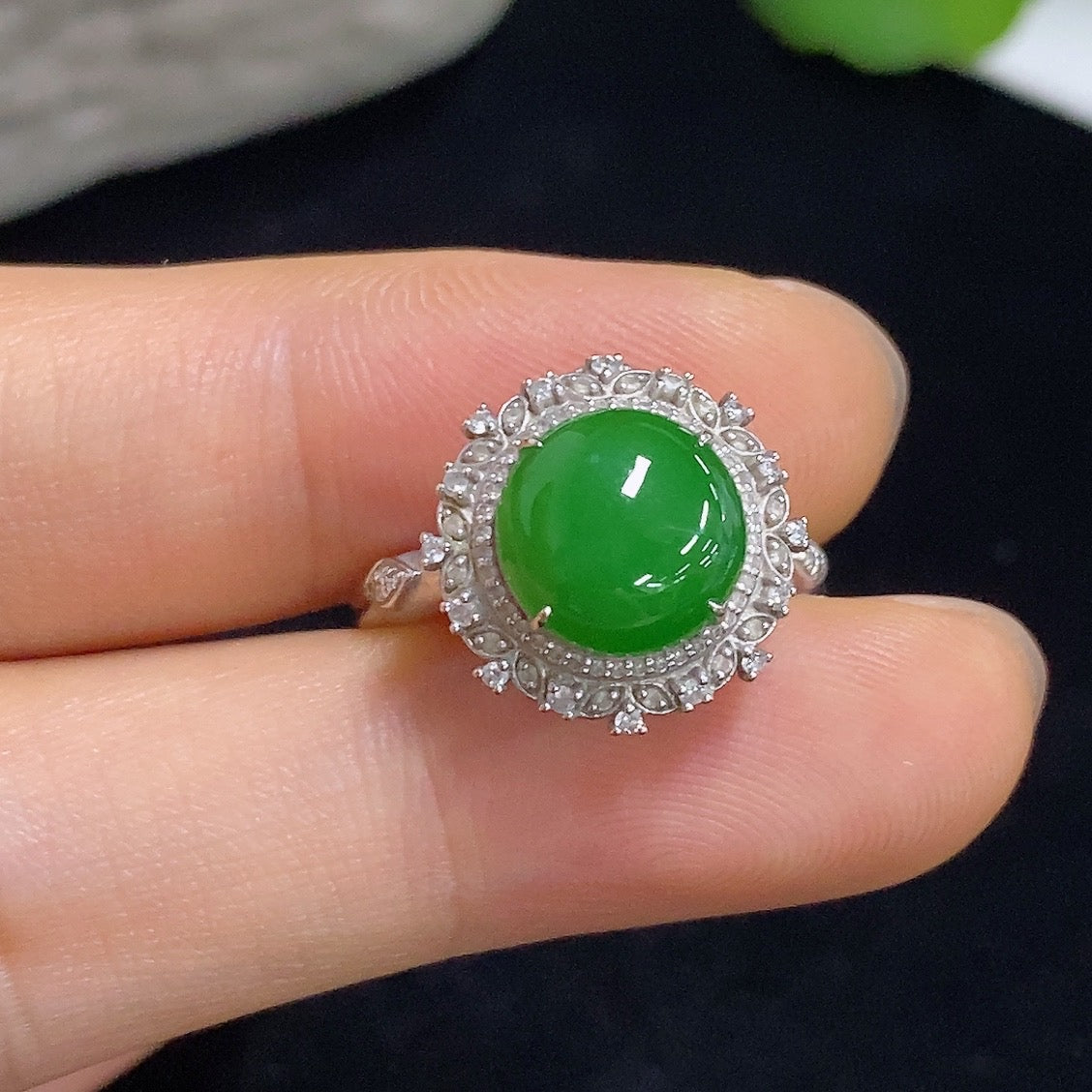 Jadeite Cabochon Ring/Pendant Convertible 18K with Diamond Accents