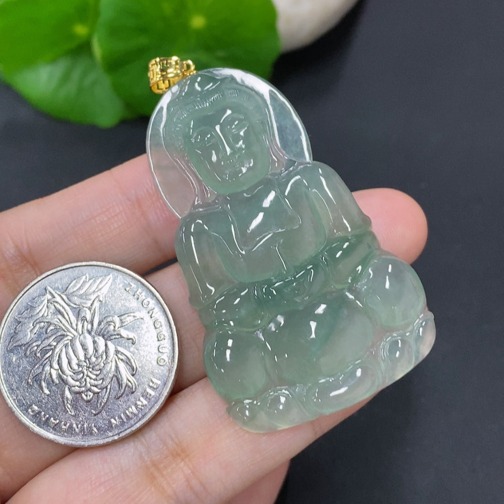 Jadeite Guanyin Pendant with 18K Gold Clasp