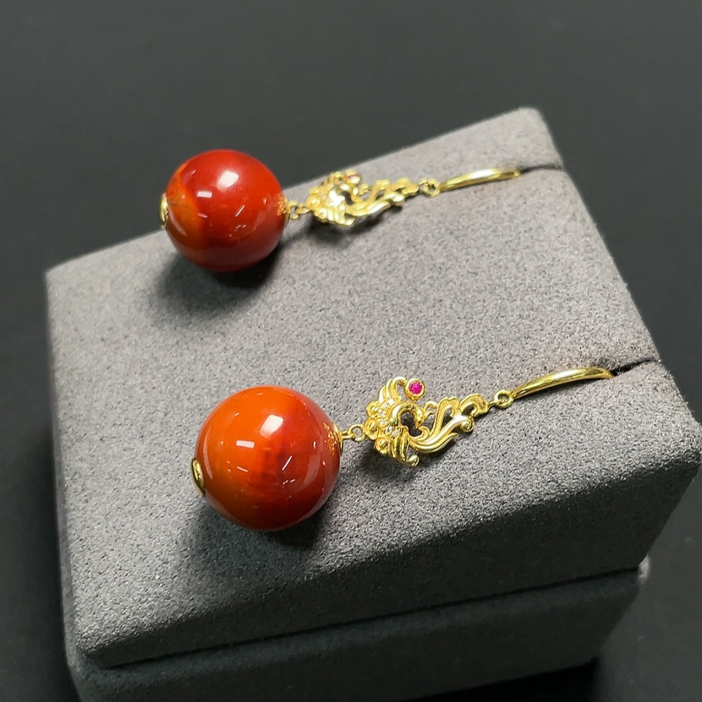 Red Agate Earrings with 18K Gold and Diamond Accents, Colorless, Visible Organic Matter, Non-Natural Accent Stones