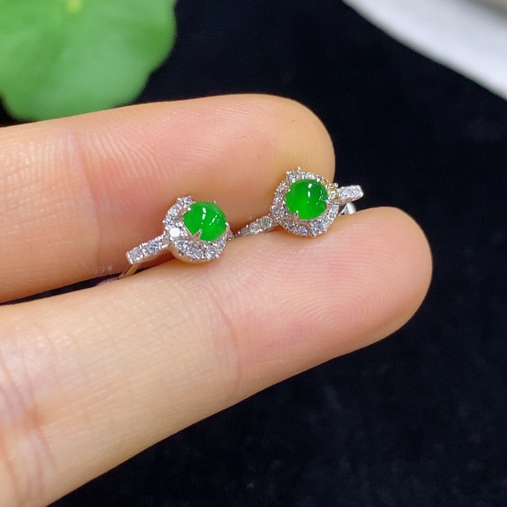 Jadeite Cabochon Stud Ear Clips 18k with Diamond Accents Total Weight Approx. 2.54g