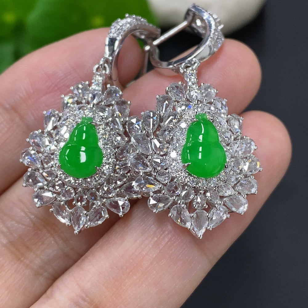Jadeite Gourd Inlaid Earrings 18K Gold Total Weight Approx. 12.1g (with Diamond Accents)