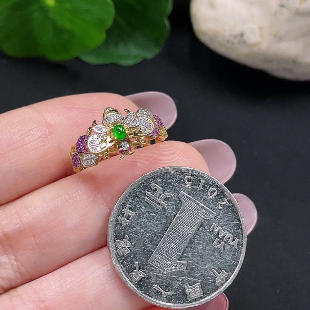 Jadeite Inlaid Ring Size 12 71% Gold Content Total Weight Approx. 2.4g (Inlaid with Colorless Diamonds)