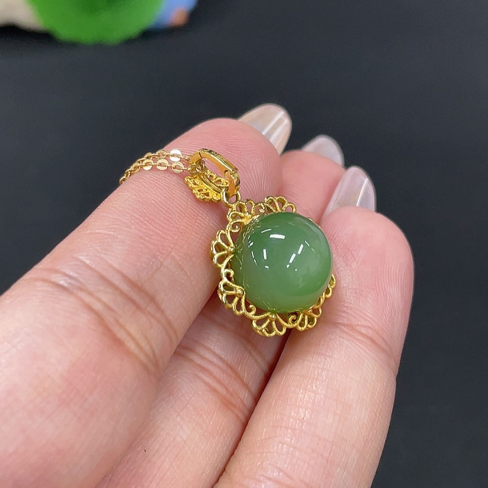 Hetian Jade Inlaid Pendant Single Bead Approx. 11.8mm Total Weight [Including Chain] 5.7g 18k