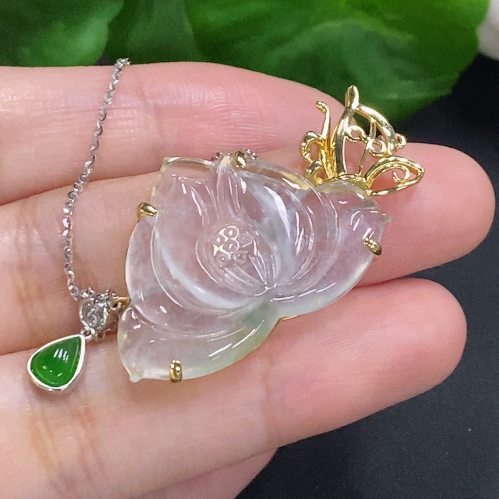 Jadeite Lotus Inlay Pendant 18k Gold Total Weight Approx. 6.6g (Including Chain)