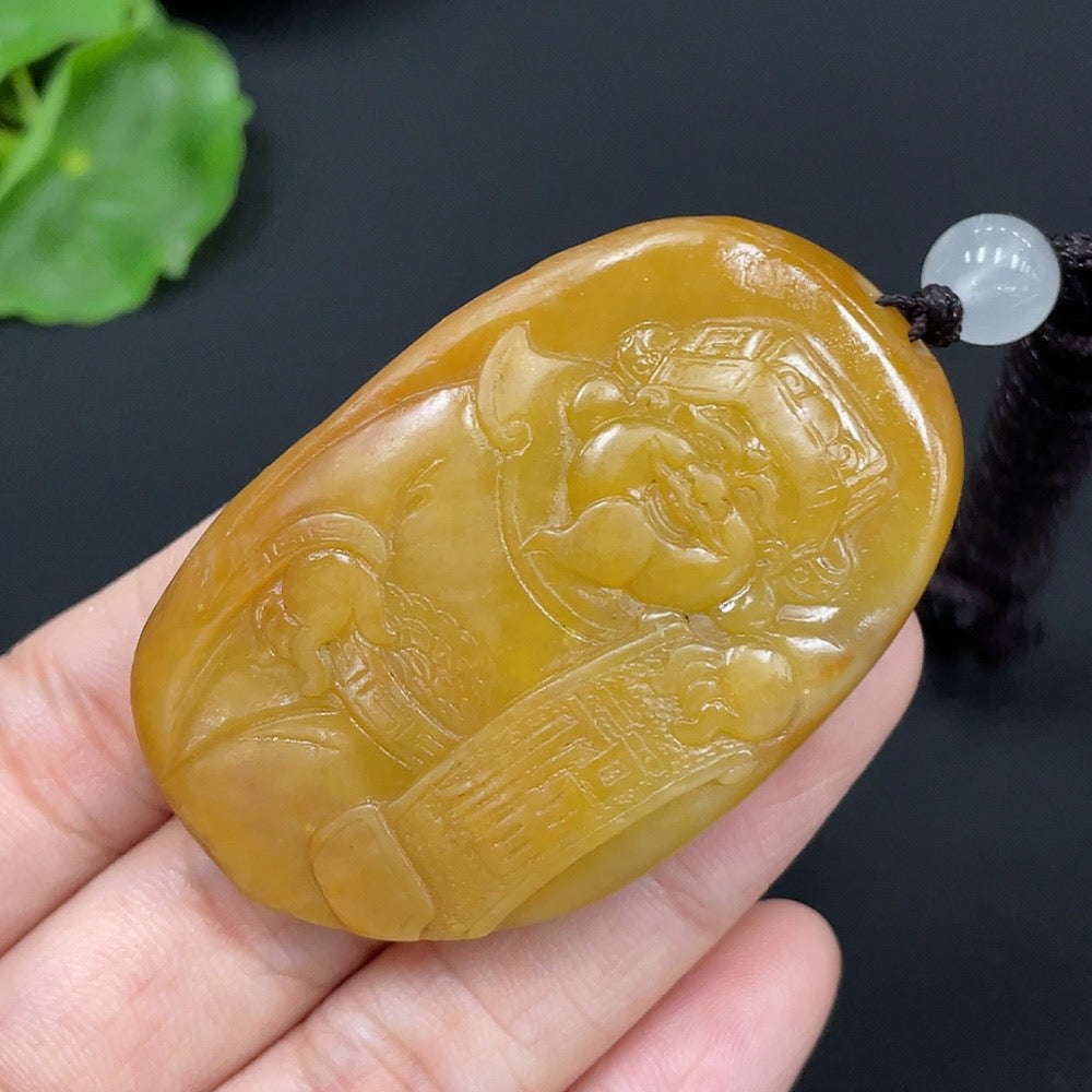 Hetian Jade Pendant   God of Wealth   Undetermined Skin Color Formation   Total Weight (including rope) approx. 34.9g