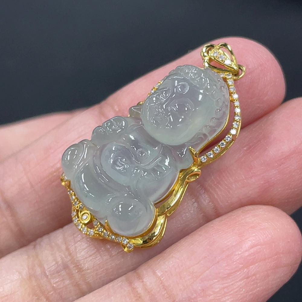 Jadeite Baby Buddha Pendant with 18K Gold and Diamond Accents