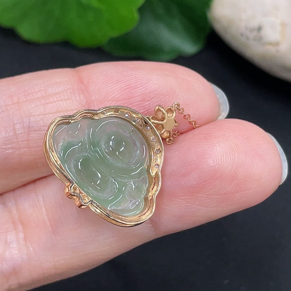 Jadeite Buddha Pendant 18K Gold Total Weight Approx. 3g with Diamond Accent Single Non-Diamond Stone Including Chain