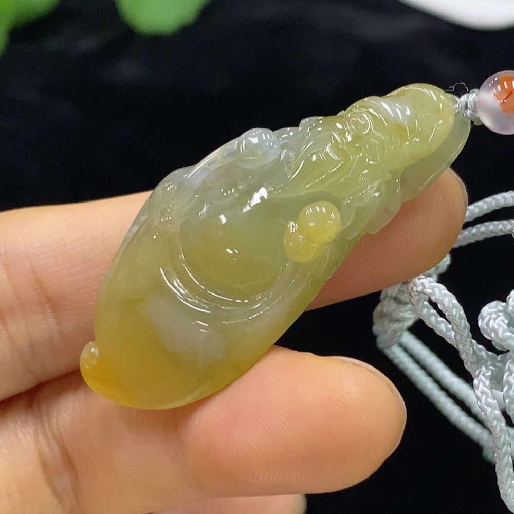 Jadeite God of Wealth Pendant Total Weight Approx. 10.94g (Including Rope Weight) Yellow Part Color Origin Undetermined