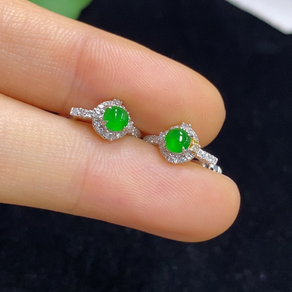 Jadeite Cabochon Stud Ear Clips 18k with Diamond Accents Total Weight Approx. 2.54g