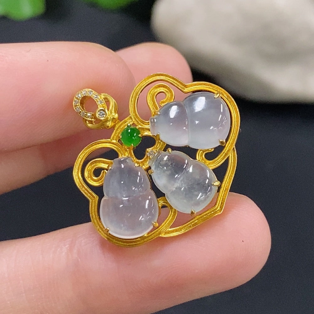 Jadeite Gourd Inlaid Pendant with 18K Gold and Diamond Accents